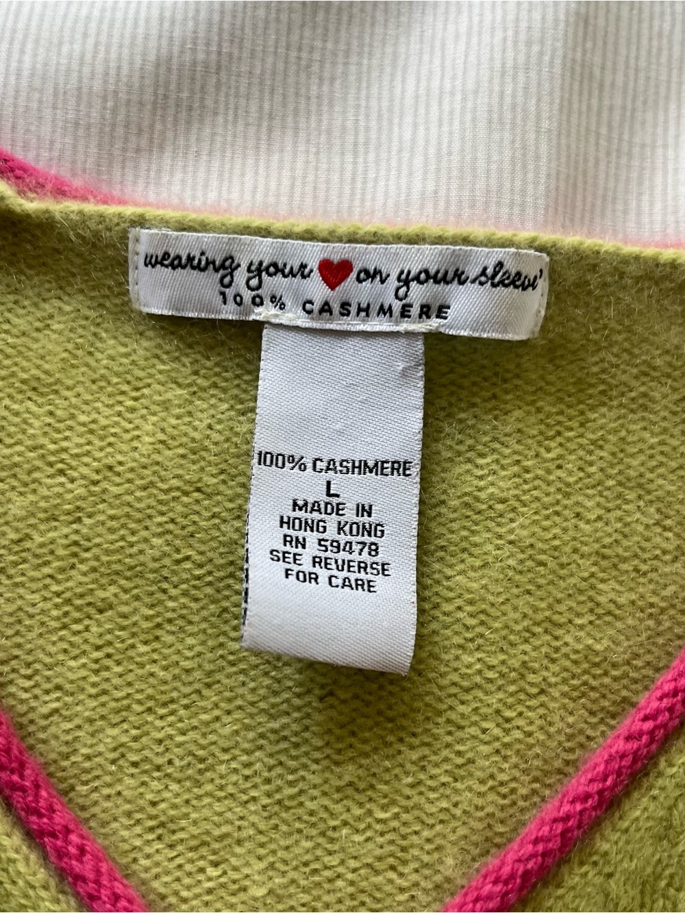 Vintage Lime Green V-Neck Sweater with Pink Trim & rainbow of buttons on sleeves - Picture 2 of 4